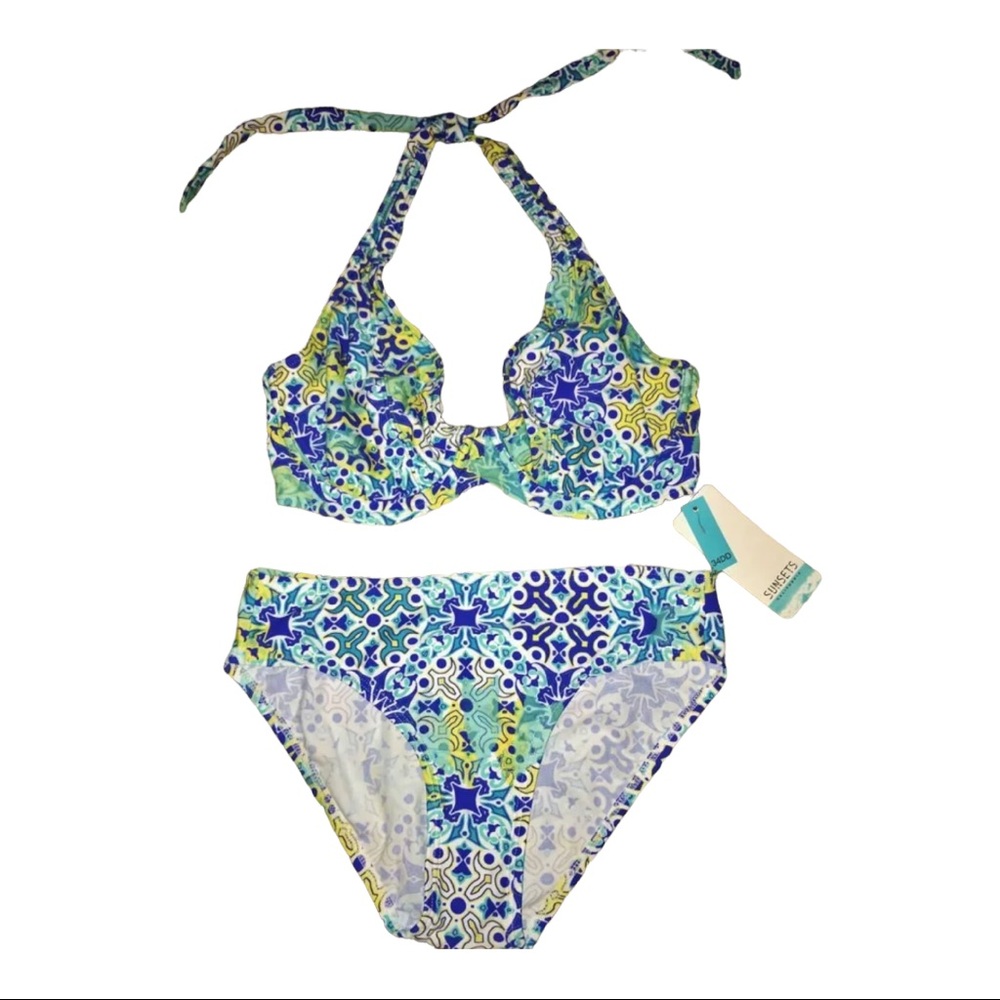 🆕 SUNSETS Seville Halter Underwire Blue White Bikini Swim Suit Women 38D XL 💙